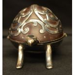 AN ANTIQUE NOVELTY SILVER AND COCONUT TORTOISE DESK CLOCK by Thomas Broderick of Spalding. 10 cm x 8