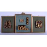 THREE FRAMED 19TH CENTURY CHINESE CARVED GILTWOOD PANELS. Largest 24 cm x 21 cm. (3)
