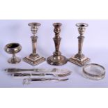 A PAIR OF EDWARDIAN NEO CLASSICAL SILVER PLATED CANDLESTICKS etc. (qty)