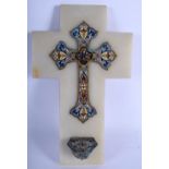 A 19TH CENTURY FRENCH CHAMPLEVE ENAMEL AND ONYX CROSS AND FONT decorated with foliage and vines. 33