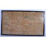 A MID 18TH CENTURY ENGLISH FRAMED SAMPLER depicting a marriage July 4th 1784. Image 61 cm x 35 cm.