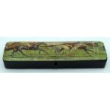 A French Lacquered Pen box depicting Horse racing at Boulogne 22cm.