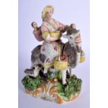 AN 18TH CENTURY ENGLISH FIGURE OF A FEMALE UPON A RAM possibly representing the tailors wife, upon a