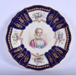 A 19TH CENTURY FRENCH SEVRES STYLE PORCELAIN PLATE painted with a portrait of a female. 22 cm wide.