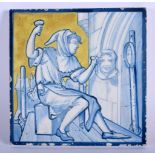 AN ARTS AND CRAFTS MINTON POTTERY SQUARE FORM TILE painted with a sculptor at work. 15 cm square.