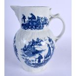 18th c. Caughley cabbage leaf moulded mask jug printed with landscape scenes, S mark. 18.5cm High