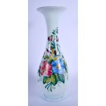 AN EDWARDIAN ENAMELLED OPALINE GLASS VASE painted with birds. 30 cm high.