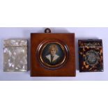 A REGENCY SILVER INLAID TORTOISESHELL CARD CASE together with a mother of pearl card case & a miniat
