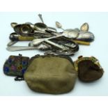Three vintage purses and a quantity of plated flatware