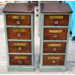 A CHARMING PAIR OF GREEN PAINTED ANTIQUE APOTHECARY CHESTS with prism cut handles. 84.5 cm x 36 cm.
