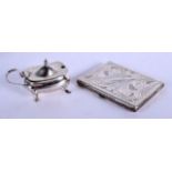A SILVER MUSTARD POT and a silver case. Silver 90 grams. (2)