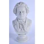 AN EARLY 20TH CENTURY EUROPEAN PARIAN WARE BUST OF BEETHOVEN upon a pedestal base. 21 cm x 10 cm.