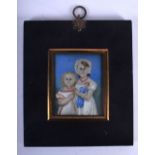 A RARE 18TH/19TH CENTURY EUROPEAN PAINTED IVORY FOLK ART MINIATURE depicting two figures holding a d