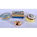 THREE HALCYON DAYS ENAMELLED BOXES together with a netsuke. (4)