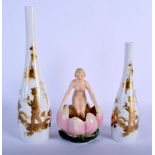 AN ART DECO EUROPEAN PORCELAIN NUDE FEMALE together with two Rosenthal vases. Largest 30 cm high. (3