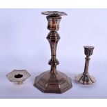 AN 18TH CENTURY ENGLISH SILVER CANDLESTICK together with two other silver items. 840 grams (weighted