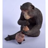 A CHARMING 19TH CENTURY JAPANESE MEIJI PERIOD PAINTED TERRACOTTA MONKEY modelled clutching a baby an