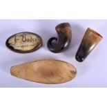 A REGENCY CARVED HORN SNUFF BOX together with three others. Largest 16.5 cm long. (4)