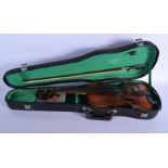 A CASED TWO PIECE BACK VIOLIN with bow. 58 cm long. (2)