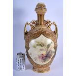 A RARE LARGE 19TH CENTURY ROYAL WORCESTER TWIN HANDLED BLUSH IVORY VASE of Exhibition quality, paint