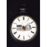 AN ANTIQUE LOCOMOTIVE SILVER PLATED POCKET WATCH. 149 grams. 7 cm x 6 cm.