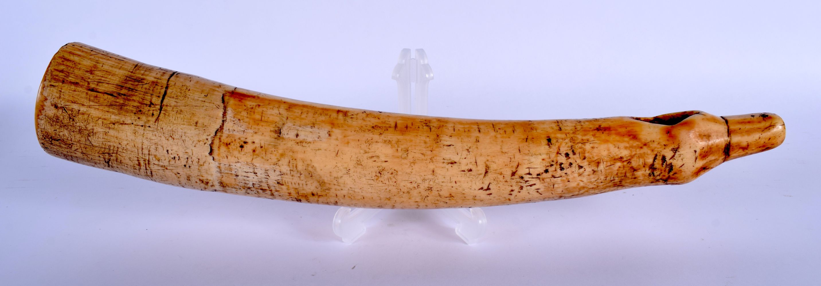 AN 18TH CENTURY CONTINENTAL CARVED IVORY OLIPHANT of plain form and good colour. 41 cm long. - Image 3 of 4