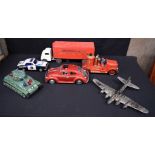 A collection of large Tin plate models cars, tanks, trucks etc 19 52cm (6).
