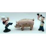 Two cast metal Popeye figures together with a Cast metal money bank 11 x 18cm (3)