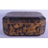 A GOOD REGENCY CHINESE EXPORT BLACK LACQUER COUNTRY HOUSE WORK BOX painted with figures within lands
