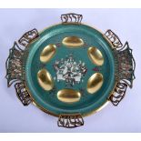 A RARE JUDAIC PASSOVER ENAMELLED BRASS SERVING DISH painted with figures. 37 cm wide.