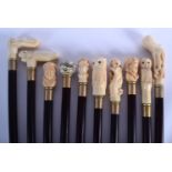 A SET OF TEN CONTINENTAL CARVED BONE WALKING CANES. 90 cm long. (10)