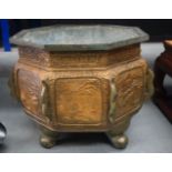 C19TH JAPANESE BRONZE OCTAGONAL CENSER DECORATED WITH LANDSCAPES. 37.5cm high