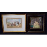 A framed 18th century watercolour depicting a group of travellers together with a print by Joshua Re