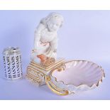 A RARE 19TH CENTURY COPELAND PORCELAIN ACANTHUS SHELL FIGURAL DISH modelled warming hands beside the