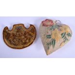 A 17TH/18TH CENTURY EUROPEAN EMBROIDERED SILK FAN SHAPED LION PANEL together with a George III heart
