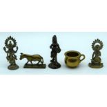 A small bronze Indian dancing figure together with Tibetan brass figures etc 9cm (5).
