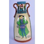 A RARE FOLEY INTARSIO TWIN HANDLED VASE painted with Shakespeare. 20.5 cm high.