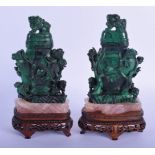 A RARE PAIR OF 19TH CENTURY CHINESE MALACHITE AND ROSE QUARTZ VASES AND COVERS Qing, overlaid with B