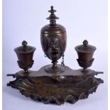 AN UNUSUAL 19TH CENTURY FRENCH EGYPTIAN REVIVAL BRONZE INKWELL with shell bowl. 24 cm x 24 cm.