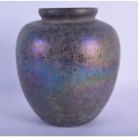 A STYLISH IRIDESCENT LOETZ STYLE BULBOUS VASE with crackle glazed body. 22 cm x 15 cm.