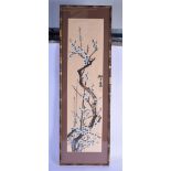 A JAPANESE TAISHO PERIOD SILK PAINTED FLOWERING PRUNUS PANEL. Image 75 cm x 20 cm.