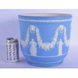 A LARGE ANTIQUE WEDGWOOD BLUE JASPERWARE PORCELAIN PLANTER the body overlaid with classical figures,