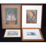 A collection of framed prints and a framed pastel of cats by Menzies 30 x 20cm.(4).
