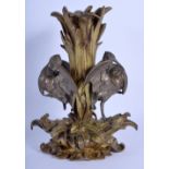 A LOVELY 19TH CENTURY FRENCH ORMOLU AND PATINATED BRONZE VASE formed as two opposing birds upon a to