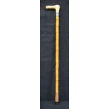 A measuring stick and spirit level bamboo walking cane with a silver collar and Antler handle 92cm .
