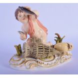 A 19TH CENTURY MEISSEN PORCELAIN FIGURE OF A YOUNG BOY modelled upon a scrolling rococo base. 13 cm