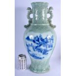 A RARE 19TH CENTURY JAPANESE MEIJI PERIOD TWIN HANDLED CELADON VASE painted with landscapes. 48 cm x