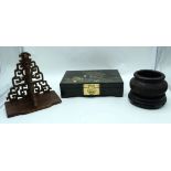 A Japanese lacquered box together with two wooden stands and an African wooden bowl. 31 cm(4).