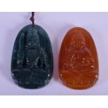 TWO CHINESE CARVED AGATE BUDDHISTIC PENDANTS 20th Century. 4.25 cm x 3.25 cm. (2)