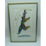 A framed coloured lithographic print of a carnival clown by Rose Cameron Smith 45 x 28 cm,